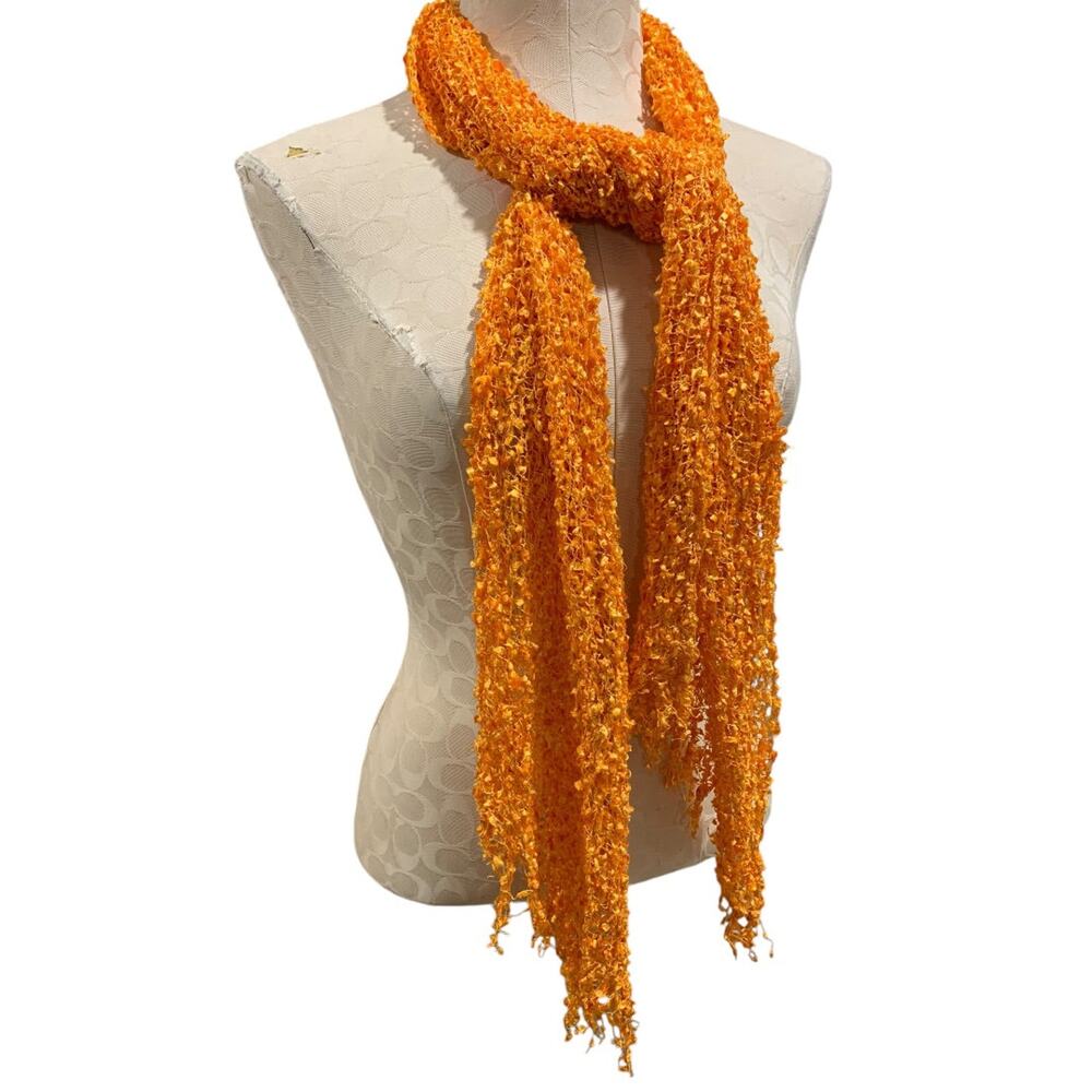 Womensβ Orange Knitted Ribbon Scarf Fringed 64x17 Inches